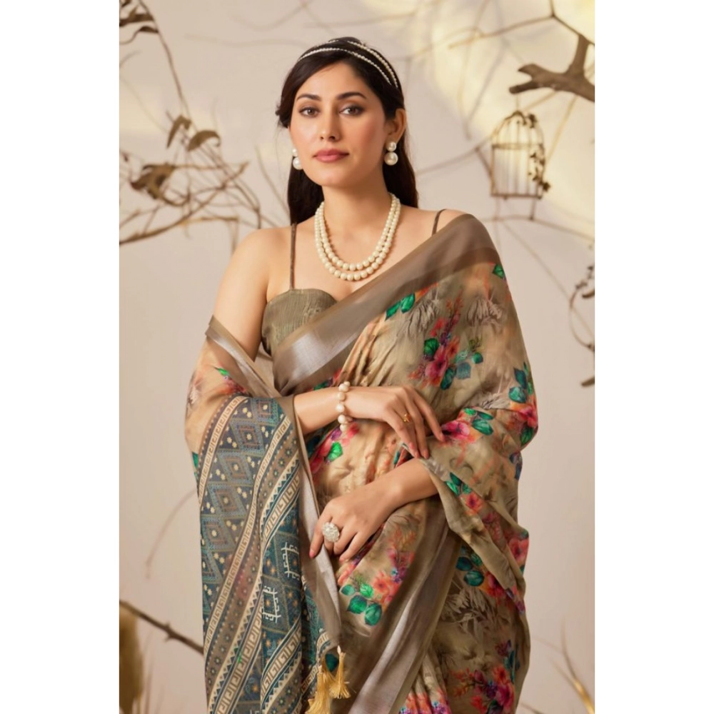 Generic Women's Faux_Linen Printed Saree With Unstitched Blouse 5.5Mtr (Beige)