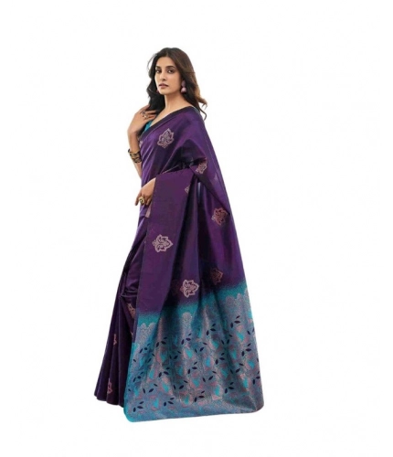 Generic Women's Soft Lichi Silk Printed Saree With Unstitched Blouse 5.5Mtr (Blue)