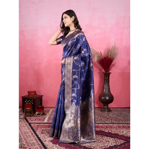 Women's Banarasi Silk Printed Saree With Unstitched Blouse 5.5Mtr (Blue) Women's Banarasi Silk Printed Saree With Unstitched Blouse 5.5Mtr (Blue)