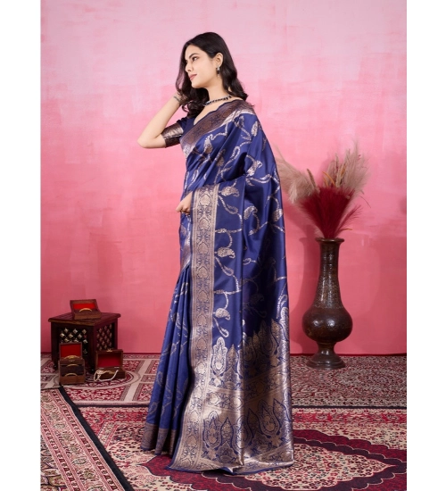 Generic Women's Banarasi Silk Printed Saree With Unstitched Blouse 5.5Mtr (Blue)