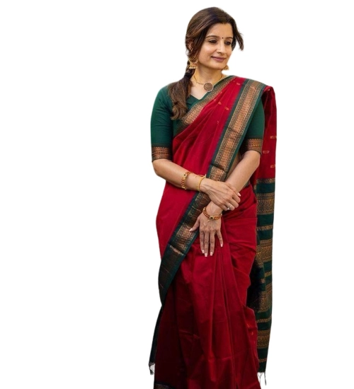 Generic Women's Soft Litchi Silk Jacquard Work Saree With Unstitched Blouse 5.5Mtr (Red)