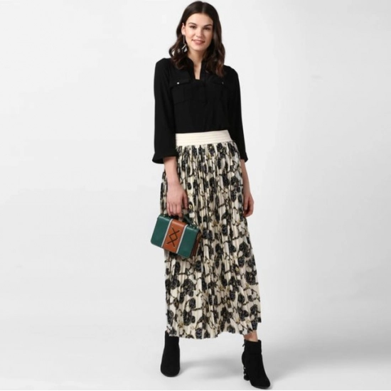 Generic Women's Georgette Chain Print Elasticated Skirt (Cream-Black) Generic Women's Georgette Chain Print Elasticated Skirt (Cream-Black)