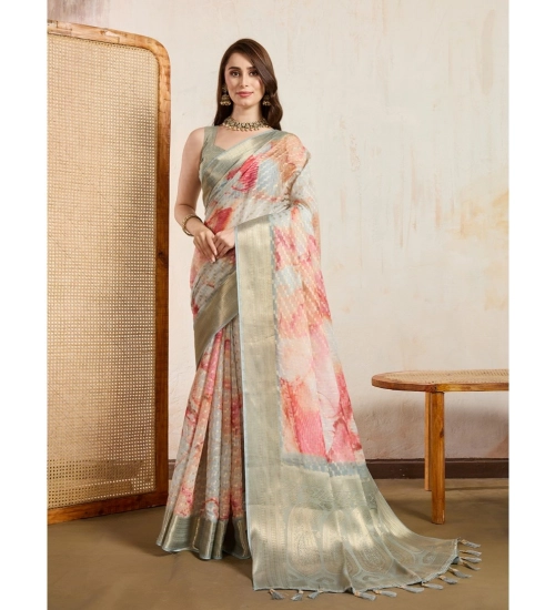 Generic Women's Viscose Printed Saree With Unstitched Blouse 5.5Mtr (Cream)