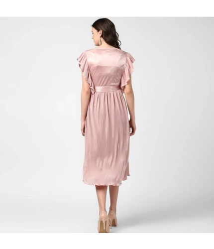 Generic Women's Polyester Pleated Flutter Dress (Champagne Gold)