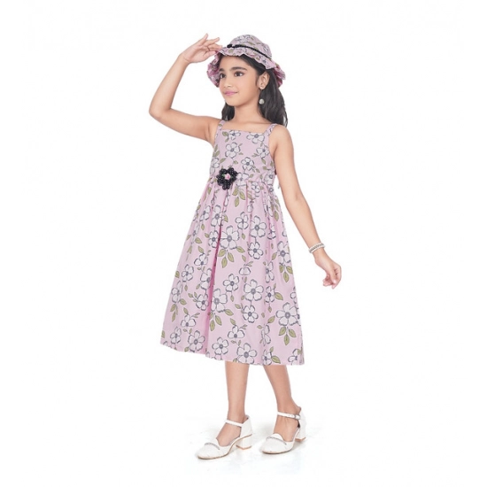 Generic Girl's Cotton Printed Sleeve Less Round Neck Dress (Pink)