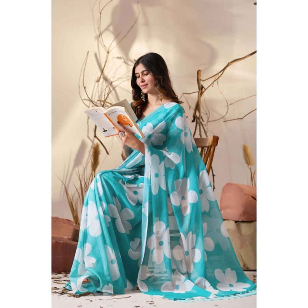 Generic Women's Georgette Printed Saree With Unstitched Blouse 5.5Mtr (Aqua_Blue)