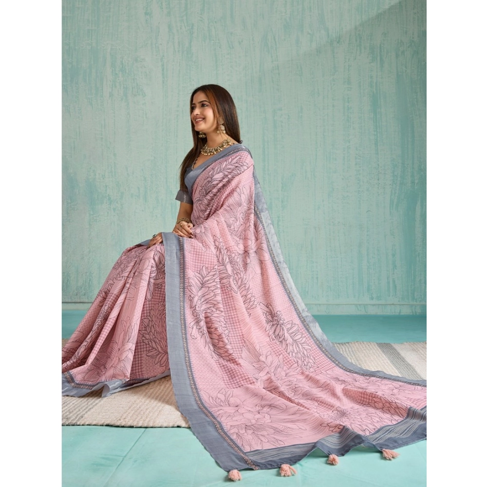 Generic Women's Silk Blend Printed Saree With Unstitched Blouse 5.5Mtr (Pink)