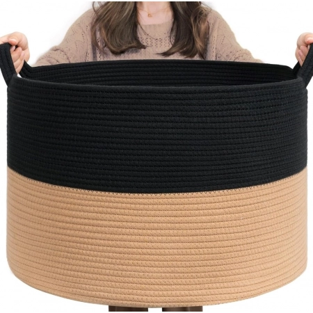 Generic Cotton Pack Of_1 16x14 Inch Storage Basket For Clothes With Out Lid (Black-Beige)