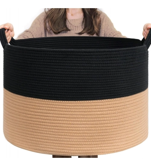 Generic Cotton Pack Of_1 16x14 Inch Storage Basket For Clothes With Out Lid (Black-Beige)