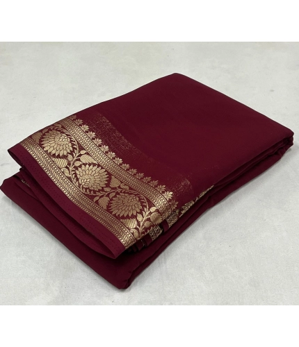 Generic Women's Crepe Chit Pallu Solid Saree With Unstitched Blouse 5.5Mtr (Maroon)