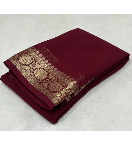 Generic Women's Crepe Chit Pallu Solid Saree With Unstitched Blouse 5.5Mtr (Maroon)