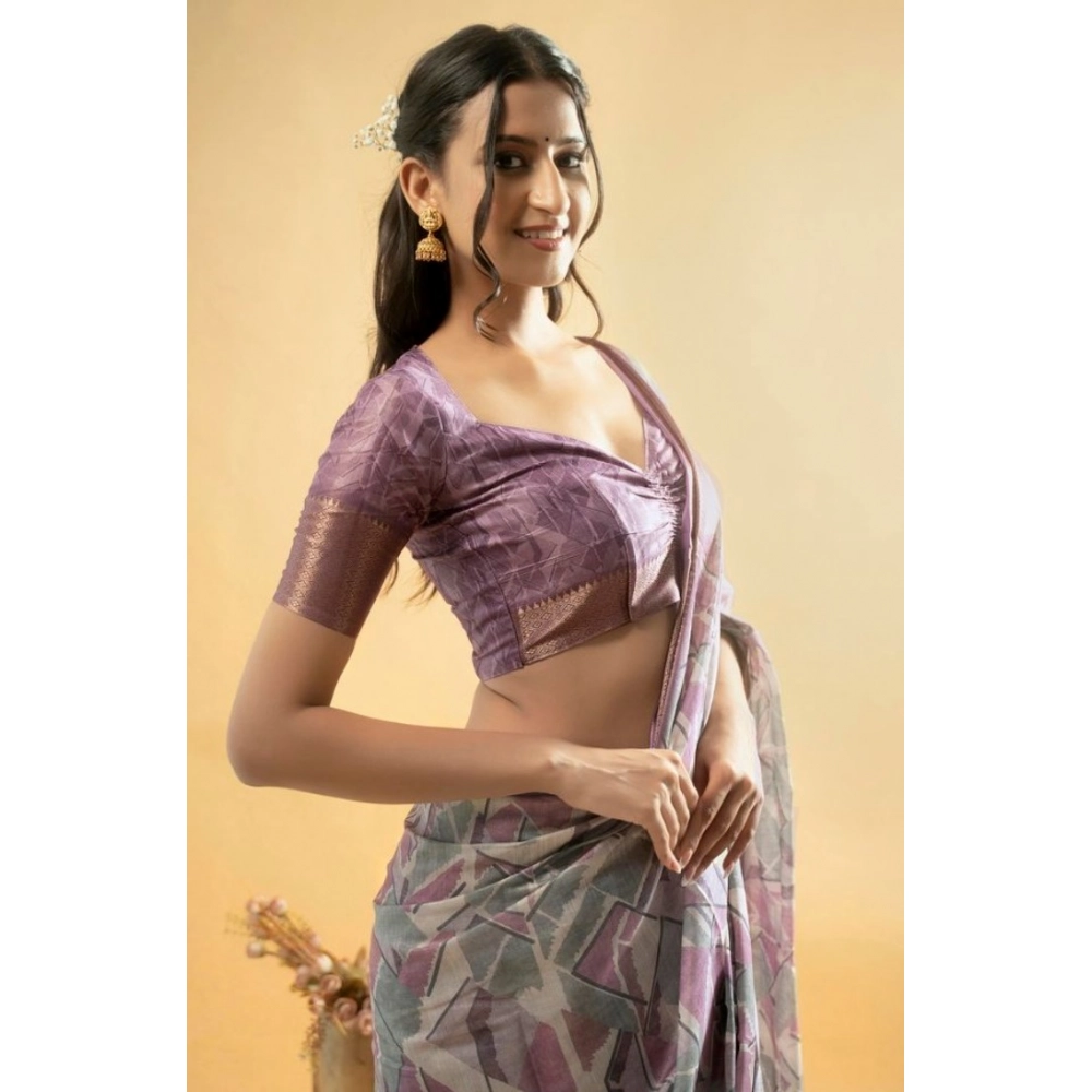 Women's Polyester Printed Saree With Unstitched Blouse 5.5 Mtr (Light Purple)