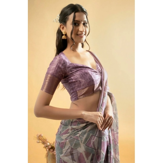 Generic Women's Polyester Printed Saree With Unstitched Blouse 5.5 Mtr (Light Purple)