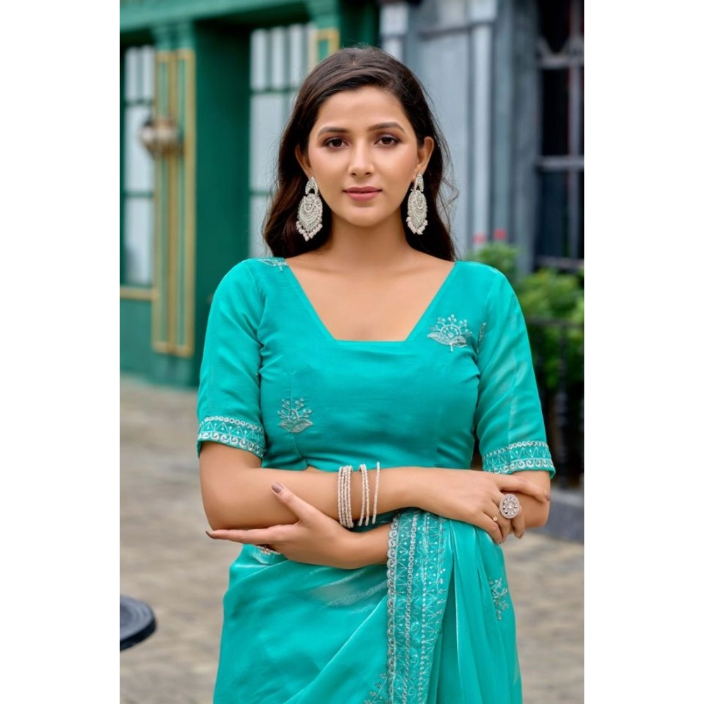 Generic Women's Faux Shimmer Floral Embroidery Ready to wear Saree With Unstitched Blouse 5.5Mtr (Turquoise) Generic Women's Faux Shimmer Floral Embroidery Ready to wear Saree With Unstitched Blouse 5.5Mtr (Turquoise)