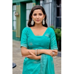 Generic Women's Faux Shimmer Floral Embroidery Ready to wear Saree With Unstitched Blouse 5.5Mtr (Turquoise)