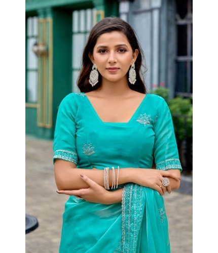 Generic Women's Faux Shimmer Floral Embroidery Ready to wear Saree With Unstitched Blouse 5.5Mtr (Turquoise)
