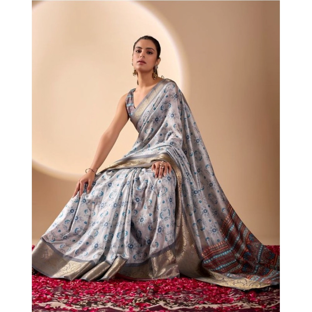 Generic Women's Faux_Art_Silk Printed Saree With Unstitched Blouse 5.5Mtr (Silver)