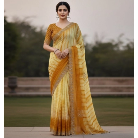 Generic Women's Georgette Striped Saree With Unstitched Blouse 5.5Mtr (Yellow)