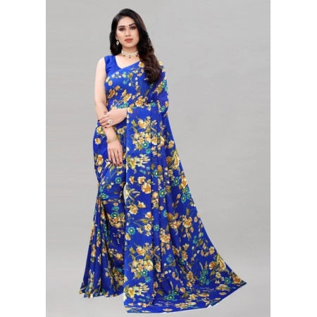 Generic Women's Georgette Floral Printed Saree With Unstitched Blouse 5.5Mtr (Royal Blue)