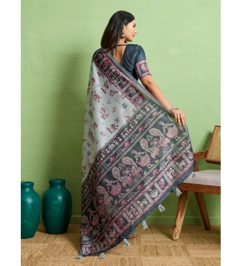 Generic Women's Silk Blend Printed Saree With Unstitched Blouse 5.5Mtr (Grey)