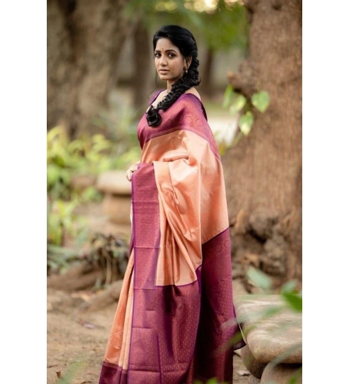 Generic Women's Litchi silk Printed Saree With Unstitched Blouse (Beige)