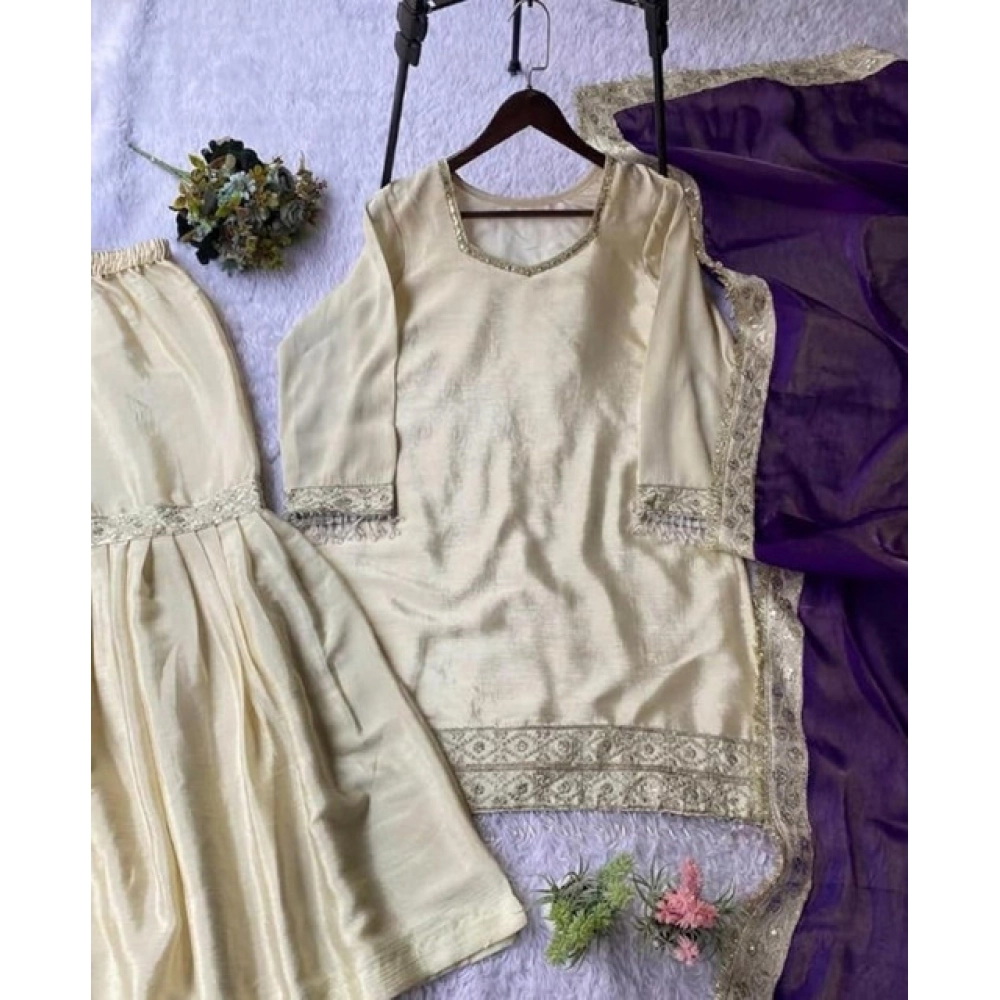 Generic Women's Silk Embroidered 3/4th Sleeve V-Neck Kurti With Sharara Pant and Dupatta Set (Cream & Purple) Generic Women's Silk Embroidered 3/4th Sleeve V-Neck Kurti With Sharara Pant and Dupatta Set (Cream & Purple)