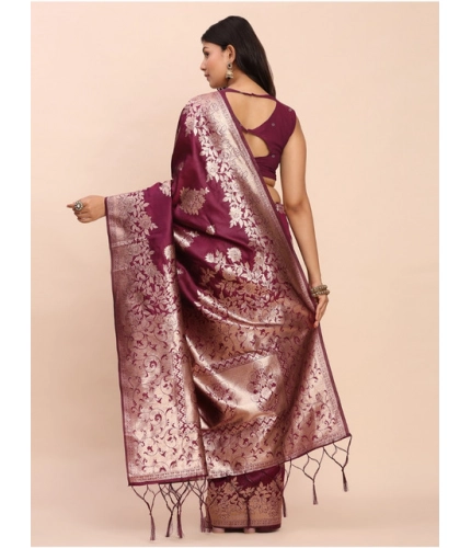 Generic Women's Banarasi Silk Printed Saree With Unstitched Blouse 5.5Mtr (Purple)