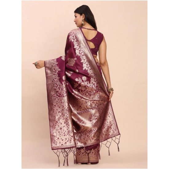 Generic Women's Banarasi Silk Printed Saree With Unstitched Blouse 5.5Mtr (Purple)