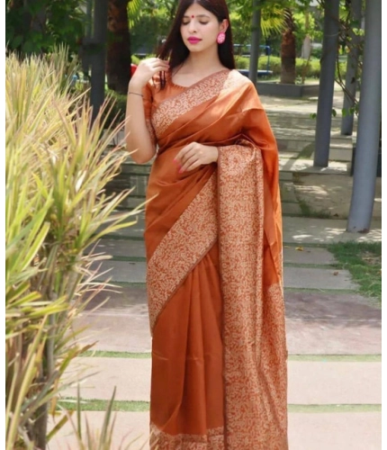 Generic Women's Soft Lichi Silk Printed Saree With Unstitched Blouse 5.5Mtr (Brown)