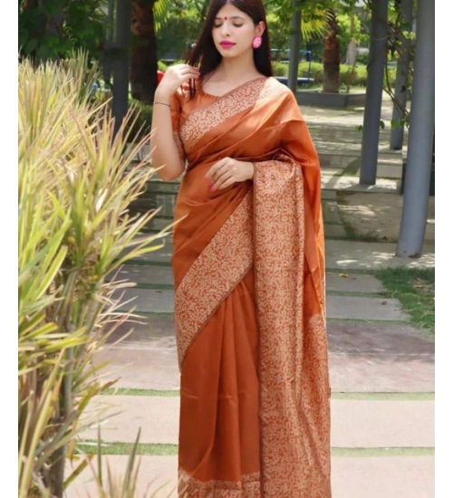 Generic Women's Soft Lichi Silk Printed Saree With Unstitched Blouse 5.5Mtr (Brown)