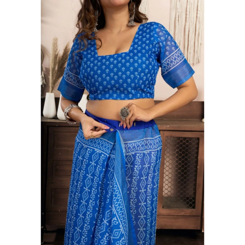 Generic Women's Linen Cotton Printed Ready To Wear Saree With Unstitched Blouse 5.5 Mtr (Blue)