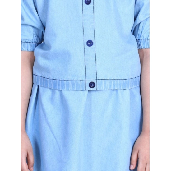 Generic Girl's Denim Solid Cold Shoulder Top and Skirt Set (Light Blue) Generic Girl's Denim Solid Cold Shoulder Top and Skirt Set (Light Blue)