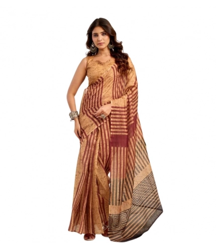 Generic Women's Faux Linen Geometric Print Ready to wear Saree With Unstitched Blouse 5.5Mtr (Brown)