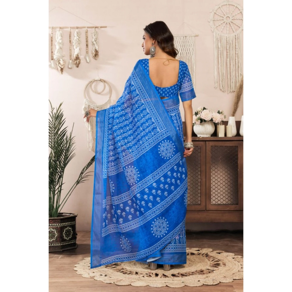 Generic Women's Linen Cotton Printed Ready To Wear Saree With Unstitched Blouse 5.5 Mtr (Blue)