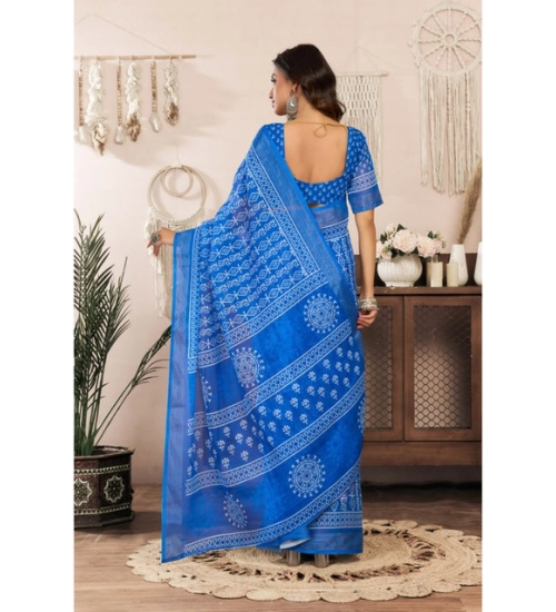 Generic Women's Linen Cotton Printed Ready To Wear Saree With Unstitched Blouse 5.5 Mtr (Blue)