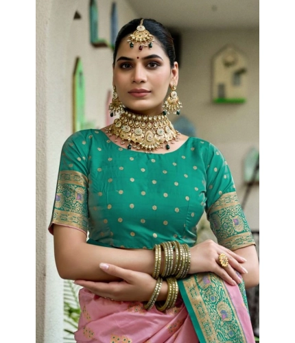 Generic Women's Silk Blend Booti Work Ready to wear Saree With Unstitched Blouse 5.5Mtr (Peach)