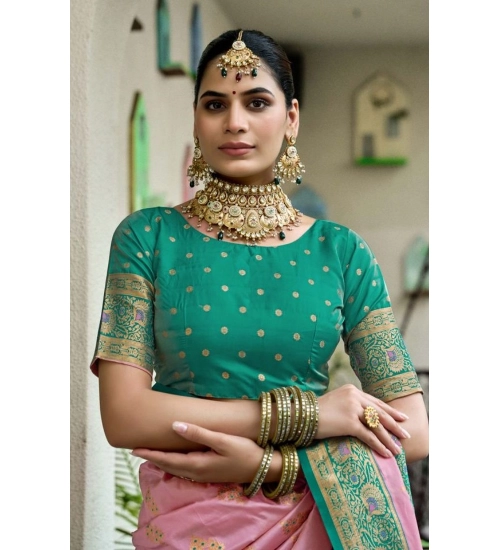 Generic Women's Silk Blend Booti Work Ready to wear Saree With Unstitched Blouse 5.5Mtr (Peach)