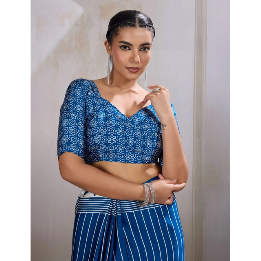 Generic Women's Satin Crepe Printed Saree With Unstitched Blouse 5.5Mtr (Blue) Generic Women's Satin Crepe Printed Saree With Unstitched Blouse 5.5Mtr (Blue)