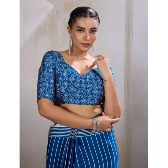 Generic Women's Satin Crepe Printed Saree With Unstitched Blouse 5.5Mtr (Blue)