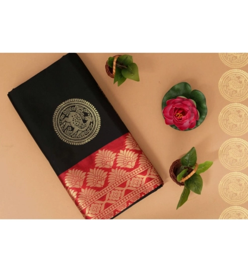 Generic Women's Soft Litchi Silk Jacquard Work Saree With Unstitched Blouse 5.5Mtr (Black)