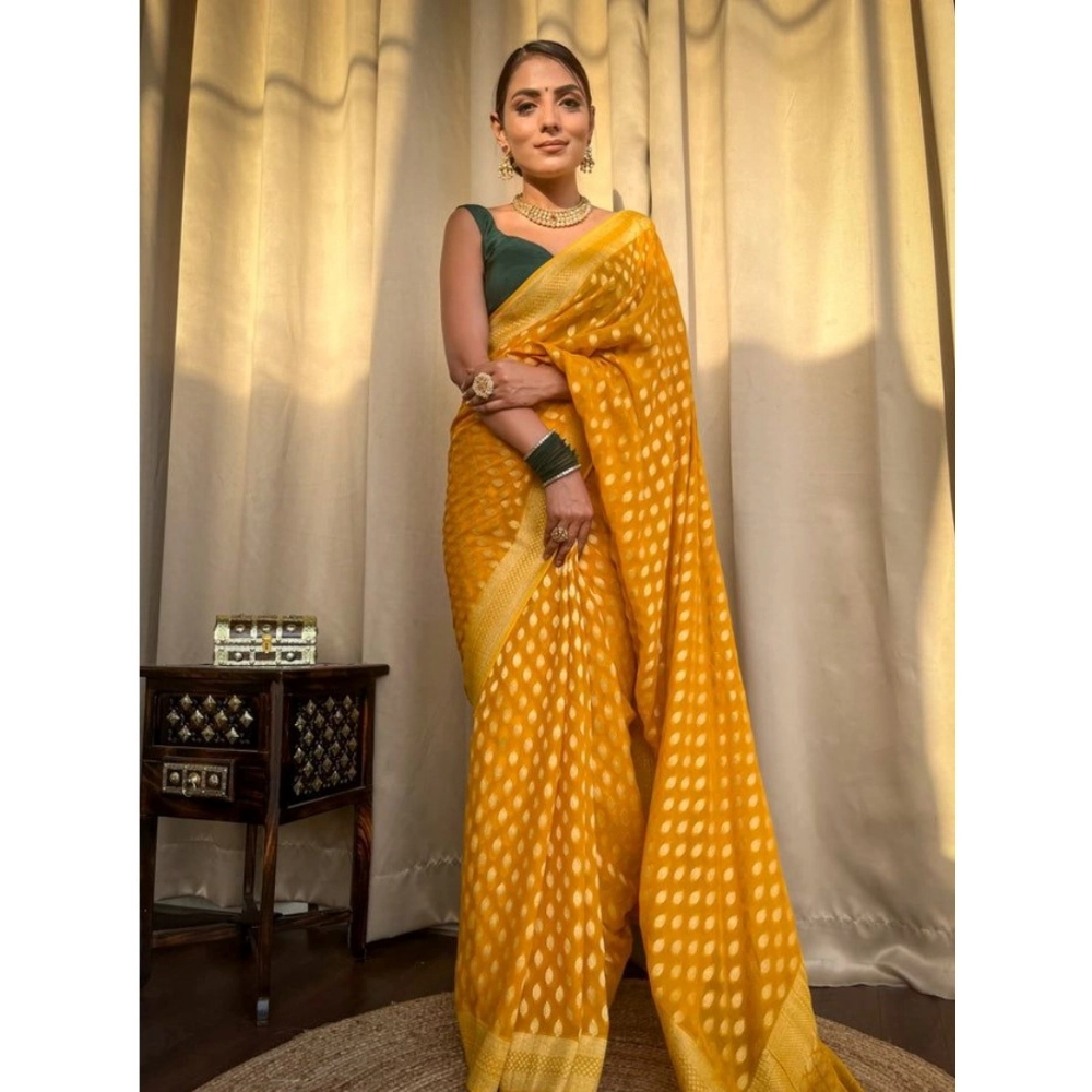 Generic Women's Soft Litchi Silk Jacquard Work Saree With Unstitched Blouse 5.5Mtr (Yellow) Generic Women's Soft Litchi Silk Jacquard Work Saree With Unstitched Blouse 5.5Mtr (Yellow)