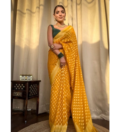 Generic Women's Soft Litchi Silk Jacquard Work Saree With Unstitched Blouse 5.5Mtr (Yellow)