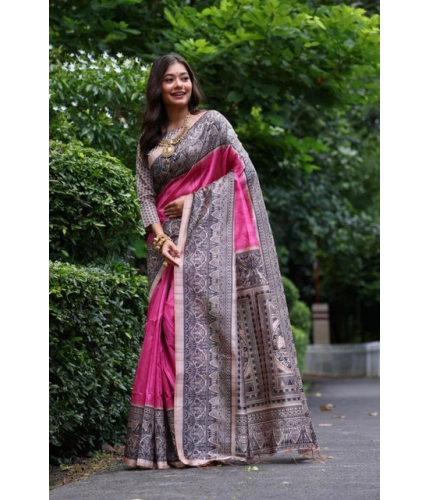 Generic Women's Faux_Tussar Ethnic_Print Saree With Unstitched Blouse 5.5Mtr (Pink)