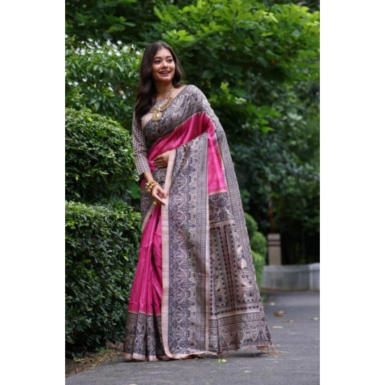 Generic Women's Faux_Tussar Ethnic_Print Saree With Unstitched Blouse 5.5Mtr (Pink) Generic Women's Faux_Tussar Ethnic_Print Saree With Unstitched Blouse 5.5Mtr (Pink)
