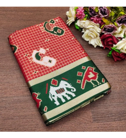 Generic Women's Soft Litchi Silk Jacquard Work Saree With Unstitched Blouse 5.5Mtr (Red-Green)