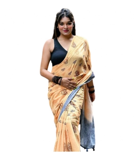 Generic Women's Linen Printed Saree With Unstitched Blouse 5.5Mtr (Peach)