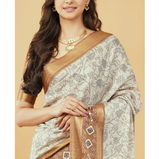 Generic Women's Polyester Printed Saree With Unstitched Blouse 5.5 Mtr (Off-White)