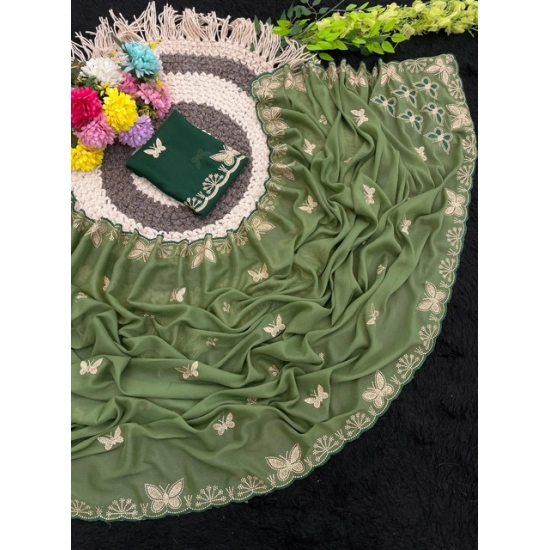 Generic Women's Star Georgette Embellished Saree With Unstitched Blouse 5.5Mtr (Green)
