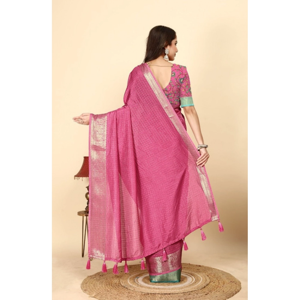 Generic Women's Cotton Blend Checkered Saree With Unstitched Blouse 5.5Mtr (Pink)