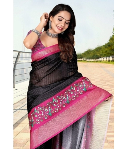 Generic Women's Cotton Silk Printed Saree With Unstitched Blouse 5.5Mtr (Black-Pink)